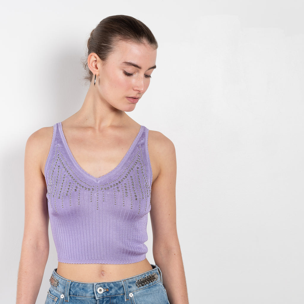 The Studded Top by Paco Rabanne is a delicate lilac top in a fluid viscose with fine studs