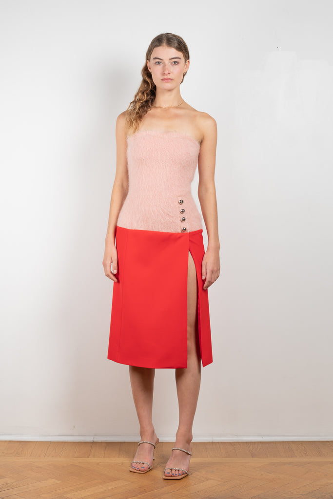 The Wool Bustier Dress by Paco Rabanne is a runway contrasted bustier dress in a stunning red and pink wool blend