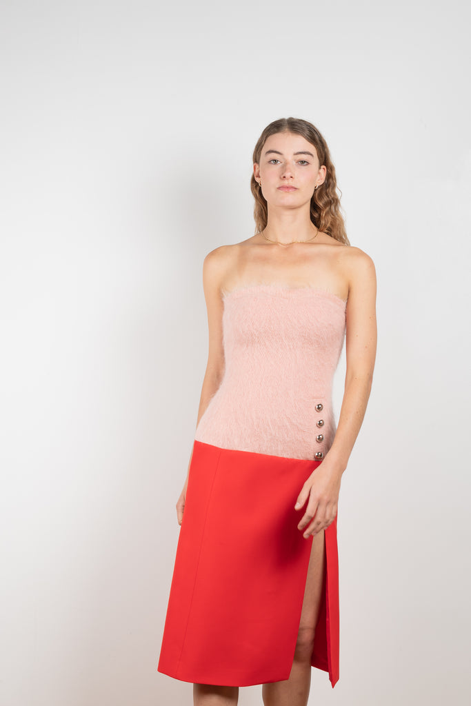 The Wool Bustier Dress by Paco Rabanne is a runway contrasted bustier dress in a stunning red and pink wool blend