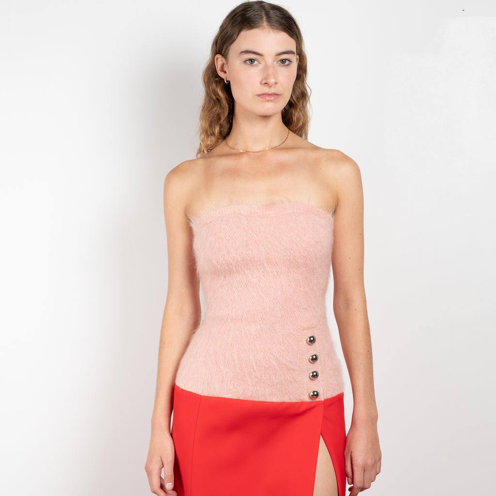 The Wool Bustier Dress by Paco Rabanne is a runway contrasted bustier dress in a stunning red and pink wool blend