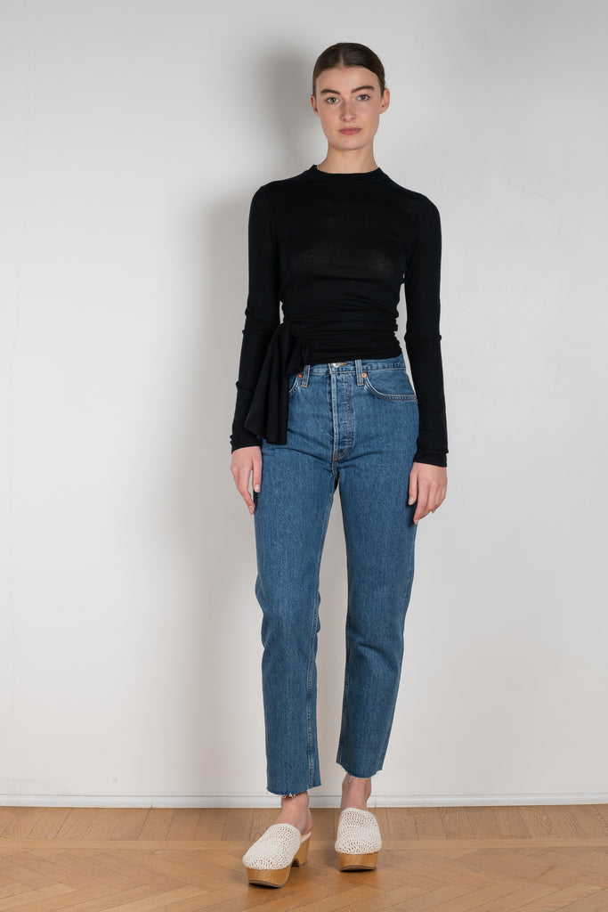 The 70's Stove Pipe Jeans by Redone in color SAF is a signature high rise jeans with a straight ankle length leg in a blue wash