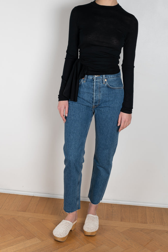 The 70's Stove Pipe Jeans by Redone in color SAF is a signature high rise jeans with a straight ankle length leg in a blue wash