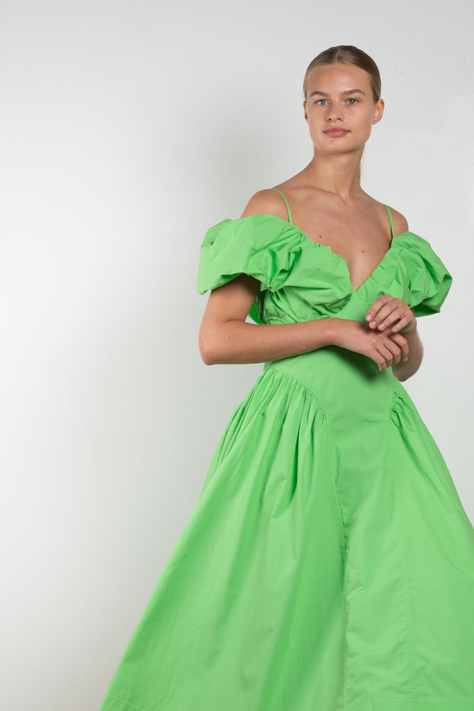 The Erin Dress by Rejina Pyo is an off-the-shoulder dress with puffed sleeves from this Fall's runway