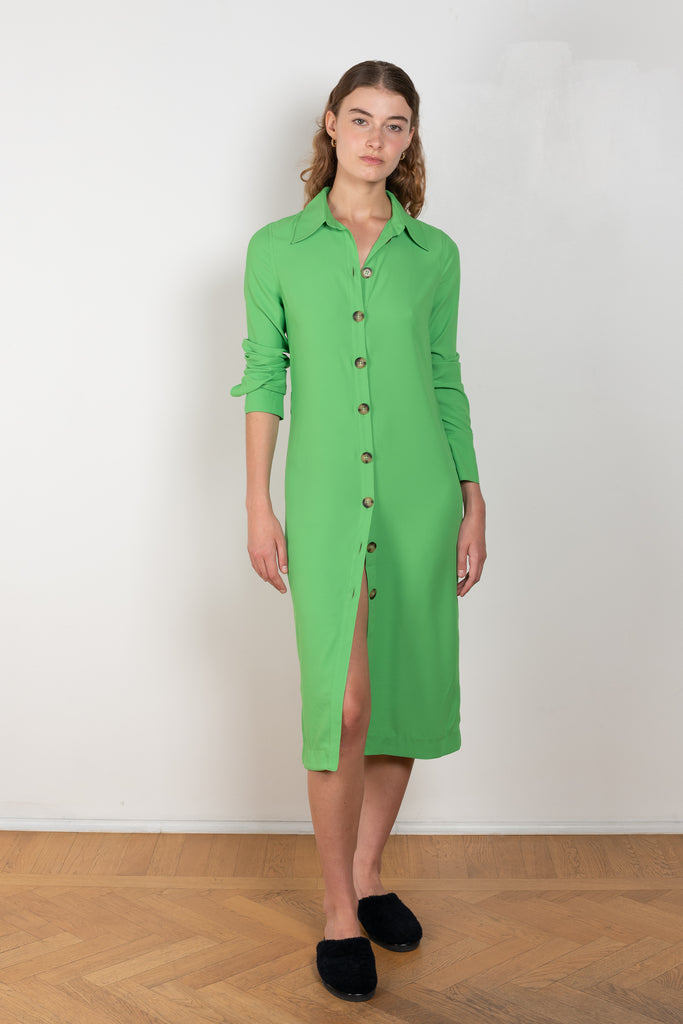 The Estelle Dress by Rejina Pyo is a fluid shirtdress with a relaxed drape and a detachable matching belt