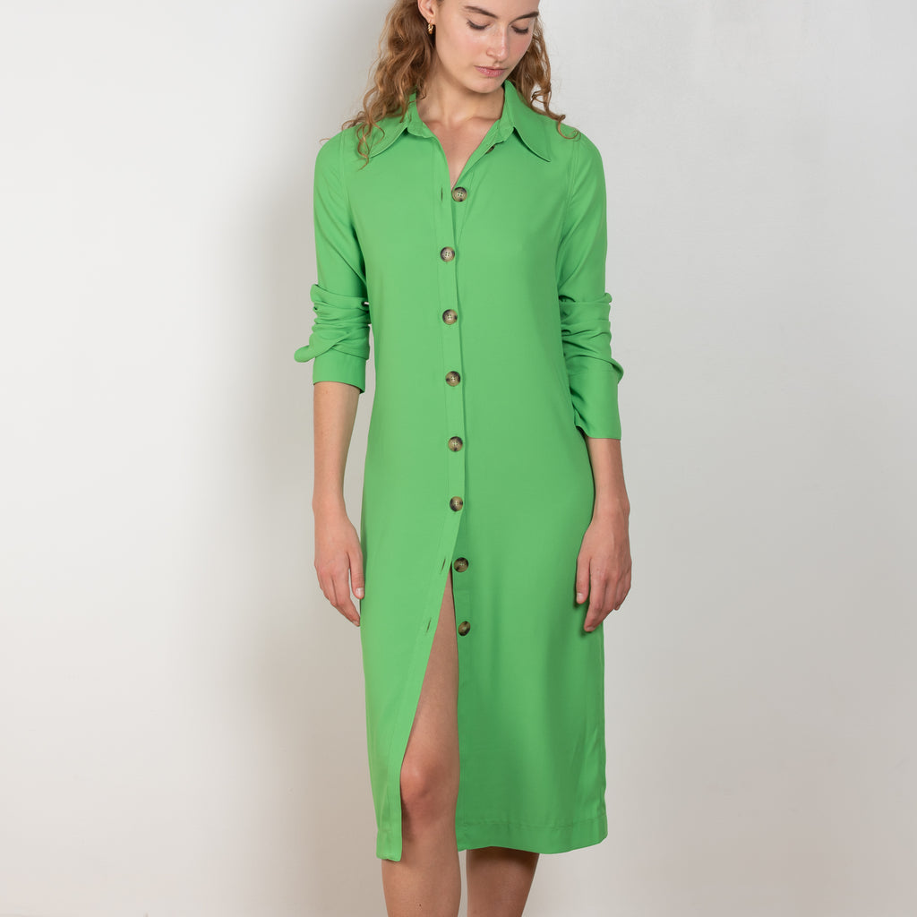 The Estelle Dress by Rejina Pyo is a fluid shirtdress with a relaxed drape and a detachable matching belt