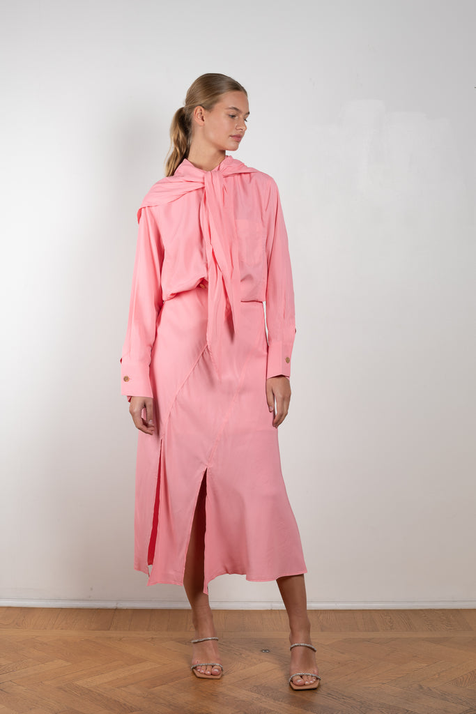 The Jolene Top by Rejina Pyo is a loose top with long sleeves and a fabric overlay scarf detail in a pink fluid viscose