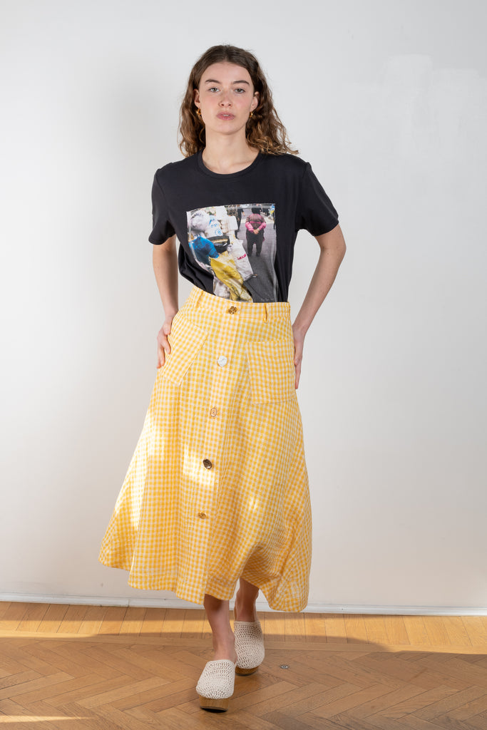 The Rocco Skirt by Rejina Pyo is a mid-length a-line shaped skirt with signature seasonal hand-crafted buttons 