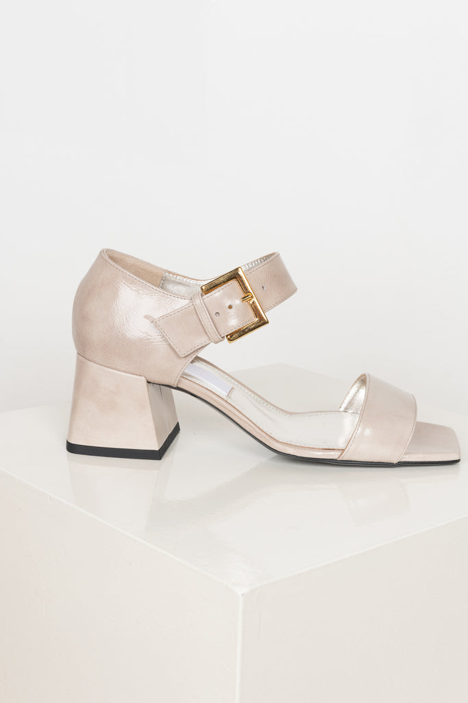 The Mary Jane Sandals by Suzanne Rae are sturdy block heel Mary Jane sandals with an open toe in a delicate putty cream