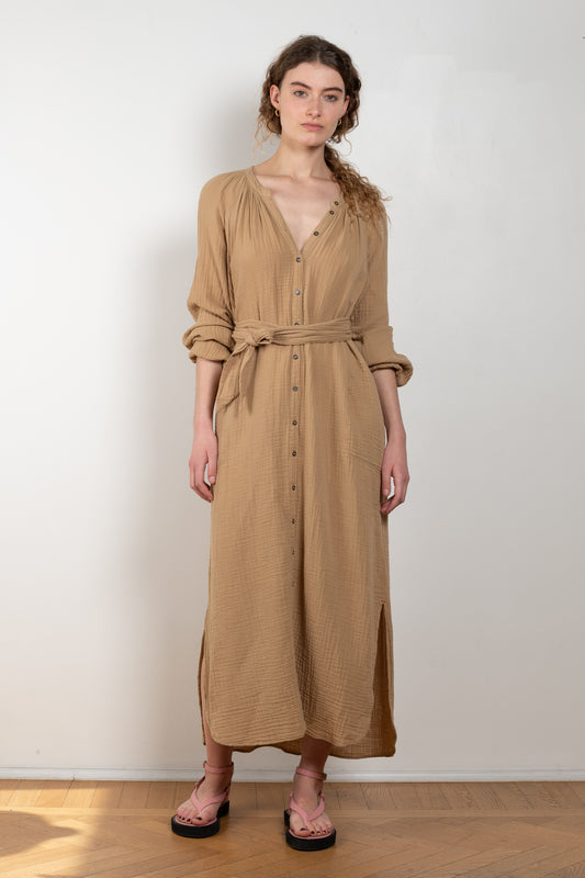 The Irys Dress by Xirena is a relaxed long dress with subtle balloon sleeves in a soft cotton gauze